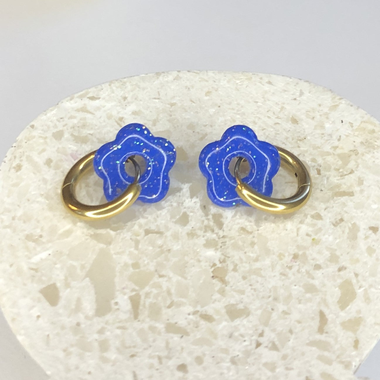 Boucles d'Oreilles Créoles Pampilles Small Fleurs - Bleu Pailletées