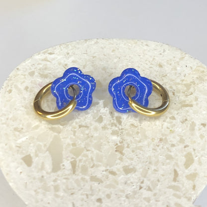 Boucles d'Oreilles Créoles Pampilles Small Fleurs - Bleu Pailletées
