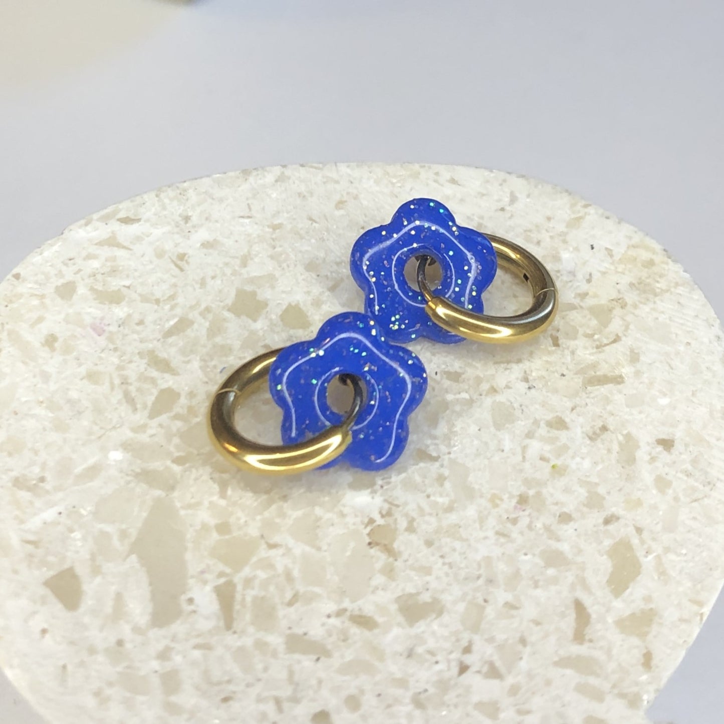 Boucles d'Oreilles Créoles Pampilles Small Fleurs - Bleu Pailletées