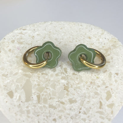 Boucles d'Oreilles Créoles Pampilles Small Fleurs - Vert Sauge