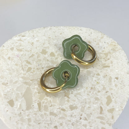 Boucles d'Oreilles Créoles Pampilles Small Fleurs - Vert Sauge