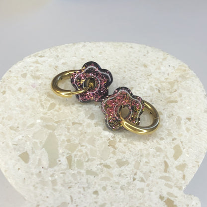 Boucles d'Oreilles Créoles Pampilles Small Fleurs - Noir Pailletées