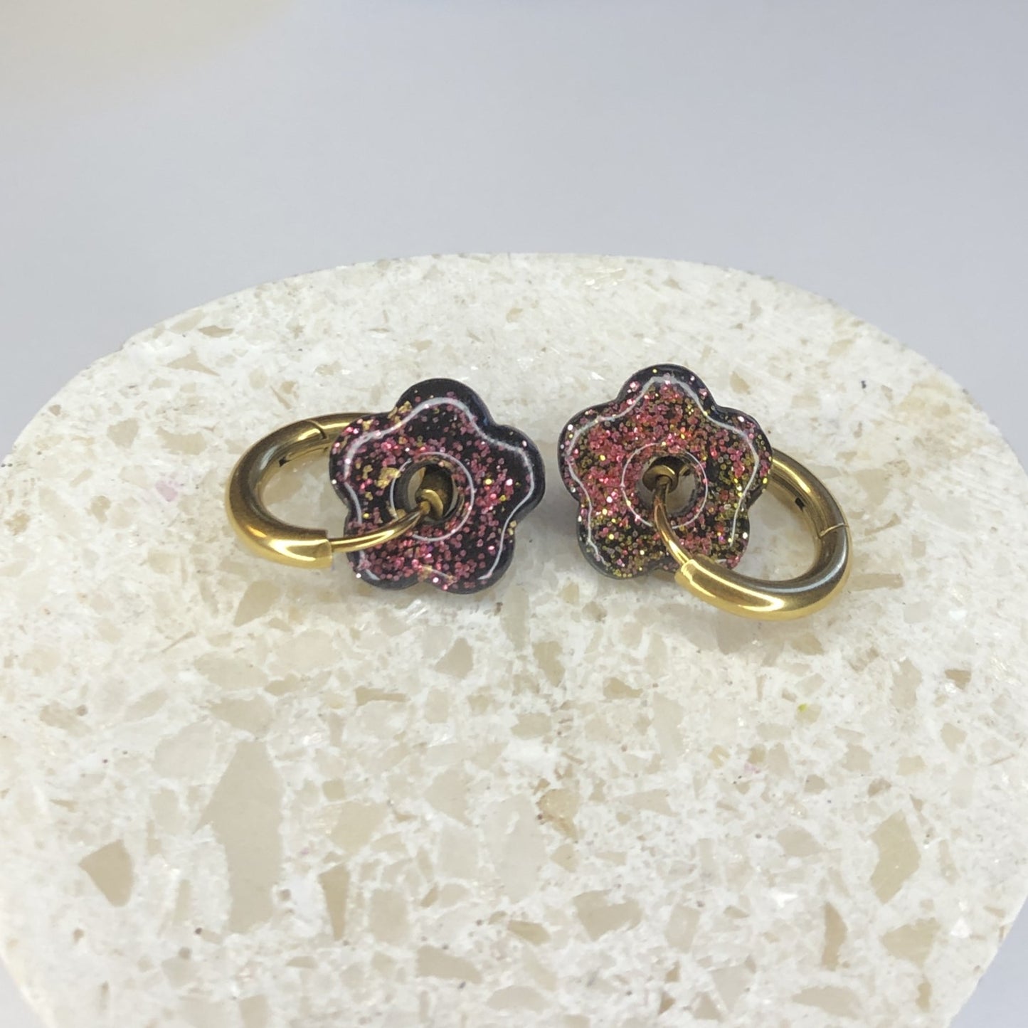 Boucles d'Oreilles Créoles Pampilles Small Fleurs - Noir Pailletées
