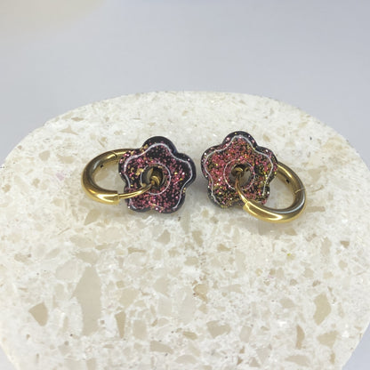 Boucles d'Oreilles Créoles Pampilles Small Fleurs - Noir Pailletées