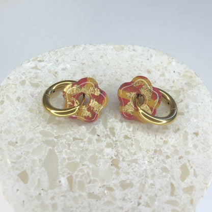 Boucles d'Oreilles Créoles Pampilles Small Fleurs - Bordeaux, Jaune Or et Or
