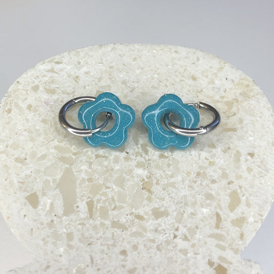 Boucles d'Oreilles Créoles Pampilles Small Fleurs - Turquoise Pailletées