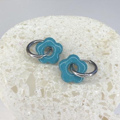 Boucles d'Oreilles Créoles Pampilles Small Fleurs - Turquoise Pailletées