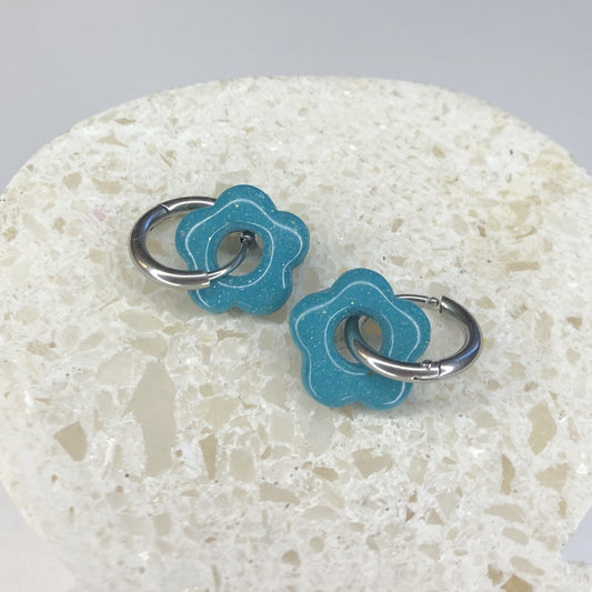 Boucles d'Oreilles Créoles Pampilles Small Fleurs - Turquoise Pailletées