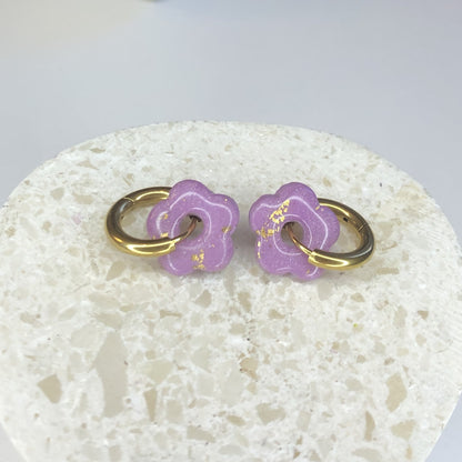Boucles d'Oreilles Créoles Pampilles Small Fleurs - Violet Lilas et Or
