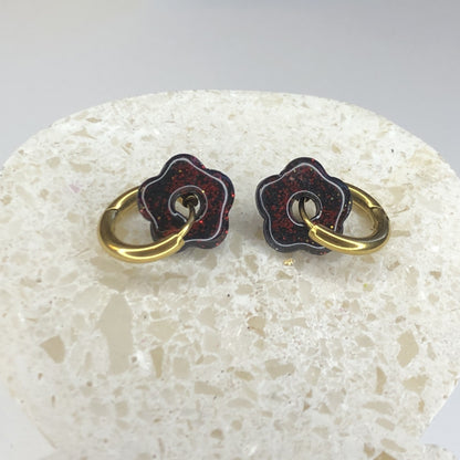 Boucles d'Oreilles Créoles Pampilles Small Fleurs - Noir Pailletées