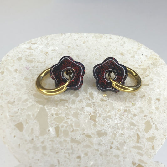 Boucles d'Oreilles Créoles Pampilles Small Fleurs - Noir Pailletées