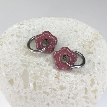 Boucles d'Oreilles Créoles Pampilles Small Fleurs - Violet Prune Pailletées