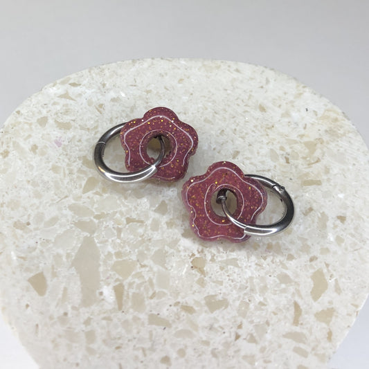Boucles d'Oreilles Créoles Pampilles Small Fleurs - Violet Prune Pailletées
