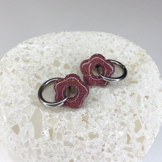 Boucles d'Oreilles Créoles Pampilles Small Fleurs - Violet Prune Pailletées