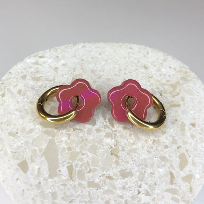 Boucles d'Oreilles Créoles Pampilles Small Fleurs - Rose et Rose Fuchsia