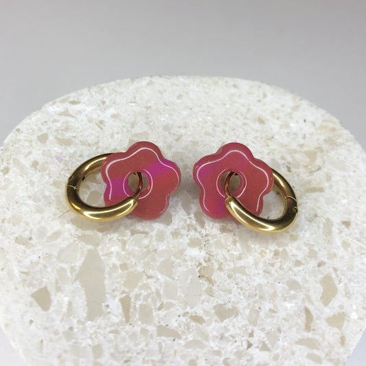 Boucles d'Oreilles Créoles Pampilles Small Fleurs - Rose et Rose Fuchsia