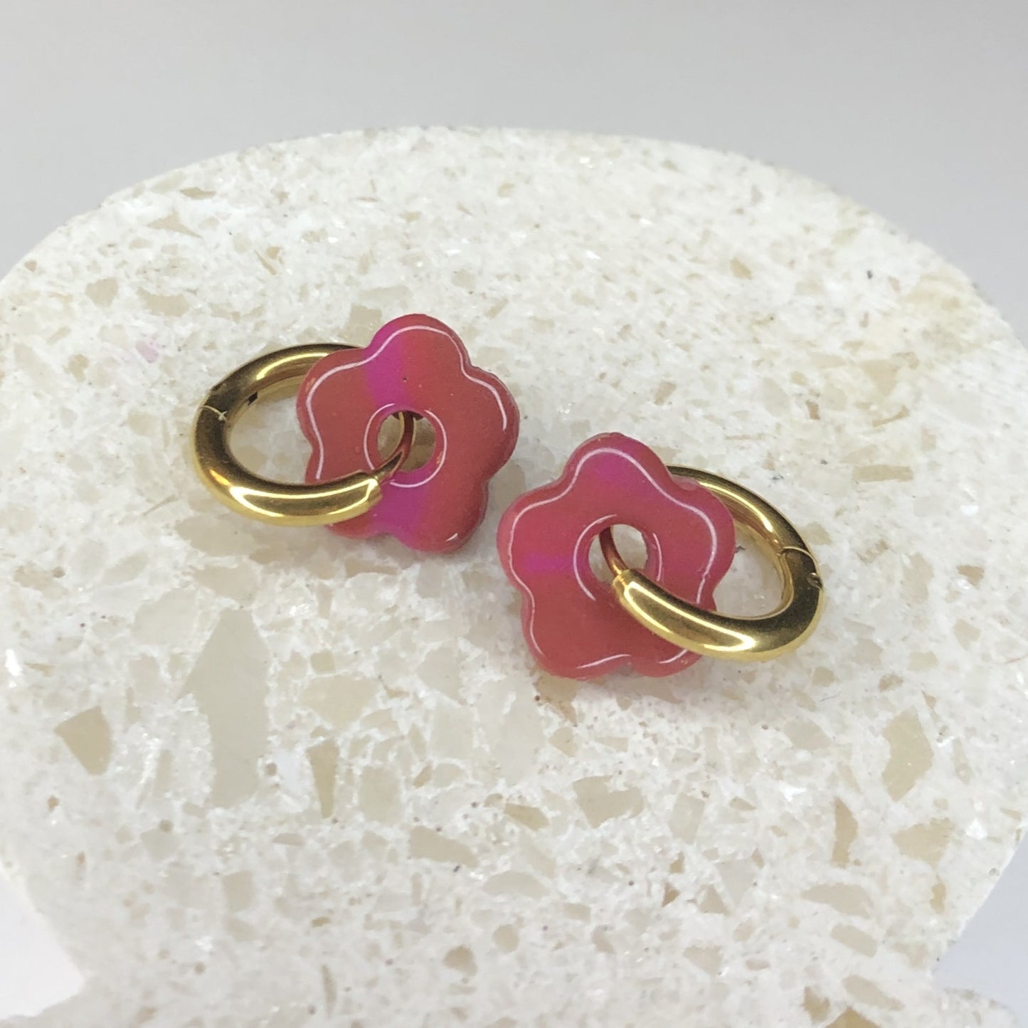 Boucles d'Oreilles Créoles Pampilles Small Fleurs - Rose et Rose Fuchsia