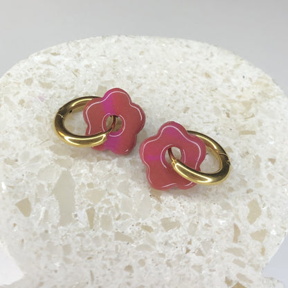 Boucles d'Oreilles Créoles Pampilles Small Fleurs - Rose et Rose Fuchsia