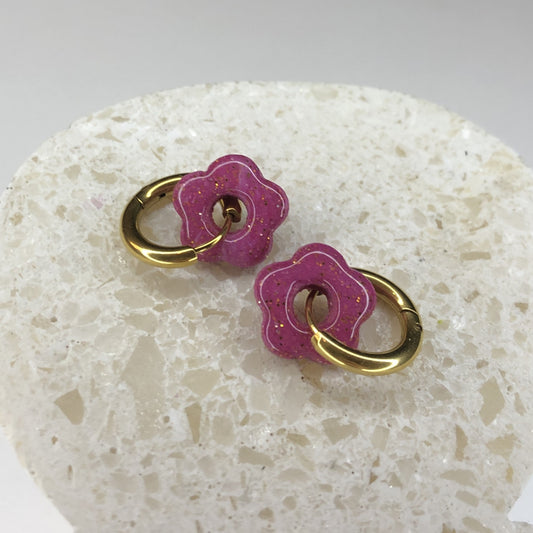 Boucles d'Oreilles Créoles Pampilles Small Fleurs - Violet Lavande Pailletées