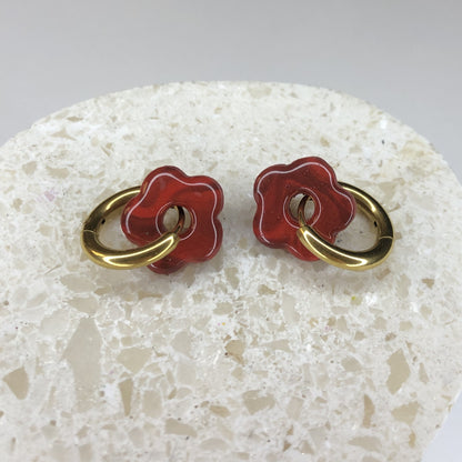 Boucles d'Oreilles Créoles Pampilles Small Fleurs - Rouge Jaspe
