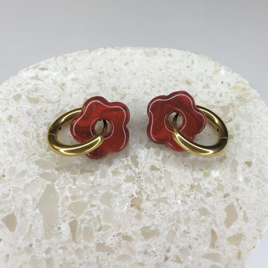 Boucles d'Oreilles Créoles Pampilles Small Fleurs - Rouge Jaspe