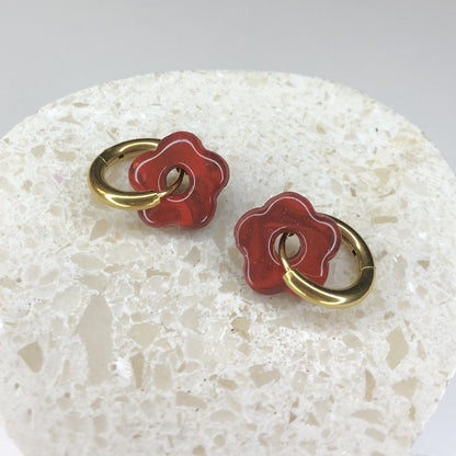 Boucles d'Oreilles Créoles Pampilles Small Fleurs - Rouge Jaspe