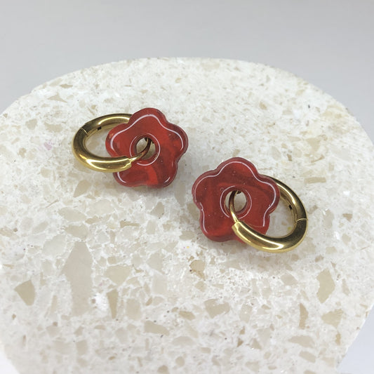 Boucles d'Oreilles Créoles Pampilles Small Fleurs - Rouge Jaspe