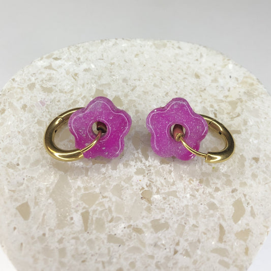 Boucles d'Oreilles Créoles Pampilles Small Fleurs - Léopard Violet Lilas Voilé