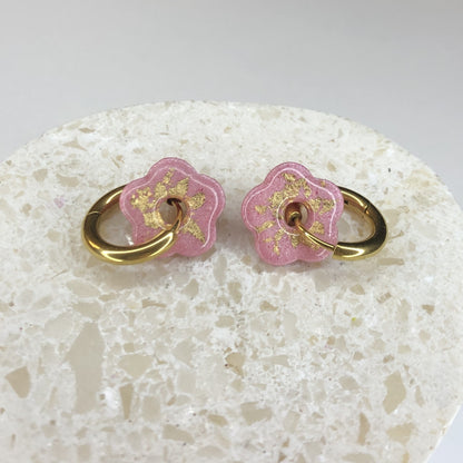 Boucles d'Oreilles Créoles Pampilles Small Fleurs - Rose Light et Or
