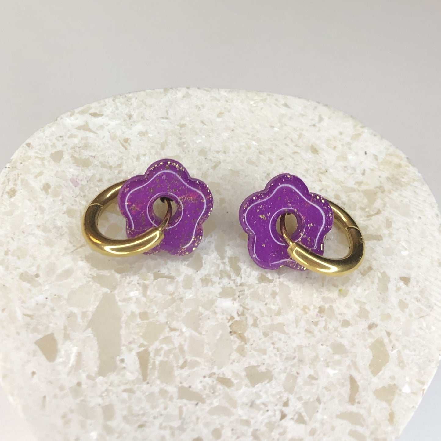Boucles d'Oreilles Créoles Pampilles Small Fleurs - Violet Lavande Pailletées