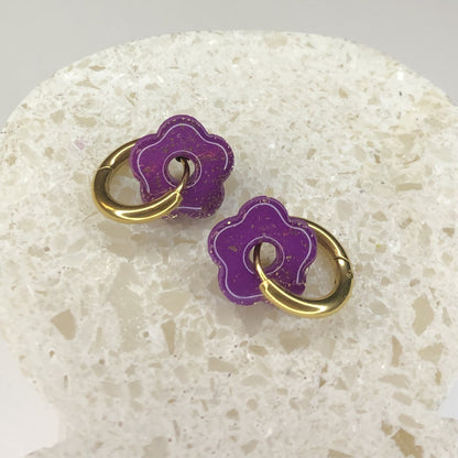 Boucles d'Oreilles Créoles Pampilles Small Fleurs - Violet Lavande Pailletées