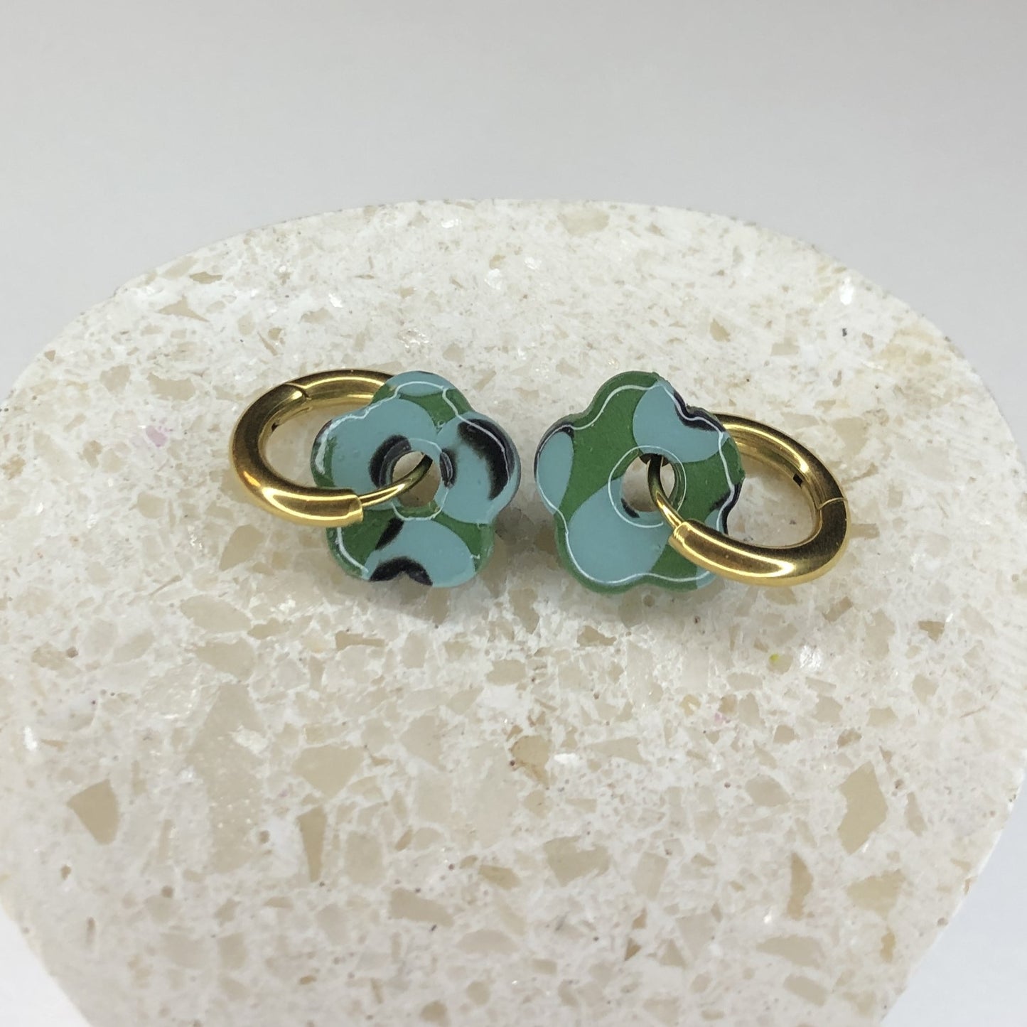 Boucles d'Oreilles Créoles Pampilles Small Fleurs - Léopard Bleu et Vert