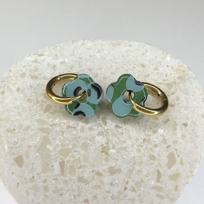 Boucles d'Oreilles Créoles Pampilles Small Fleurs - Léopard Bleu et Vert