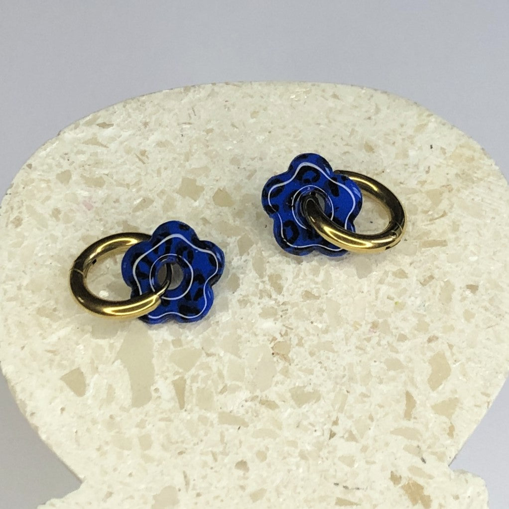 Boucles d'Oreilles Créoles Pampilles Small Fleurs - Léopard Bleu Pacifique