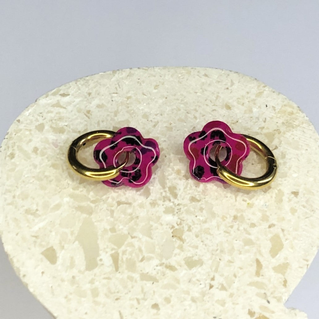Boucles d'Oreilles Créoles Pampilles Small Fleurs - Léopard Rose Fuchsia