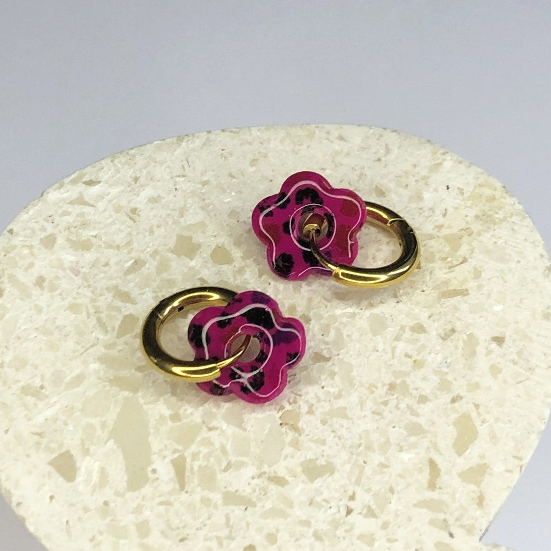 Boucles d'Oreilles Créoles Pampilles Small Fleurs - Léopard Rose Fuchsia