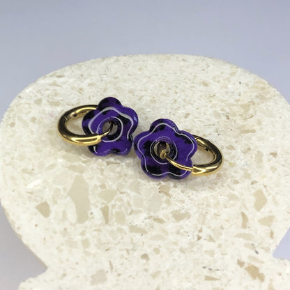 Boucles d'Oreilles Créoles Pampilles Small Fleurs - Léopard Violet