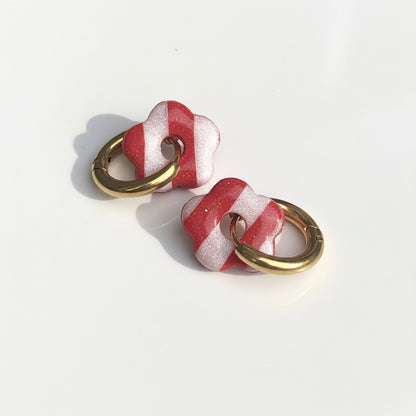 Boucles d'Oreilles Créoles Petites Pampilles Fleurs - Rouge et Blanc Rayé